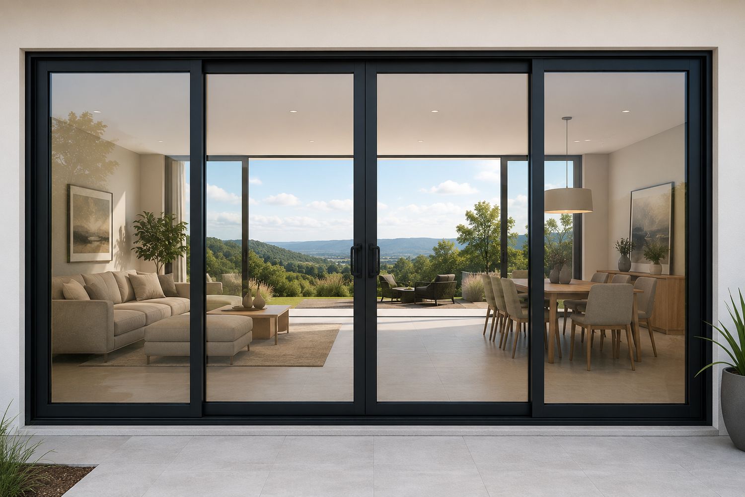 Large glass window and door wall in a bright modern home