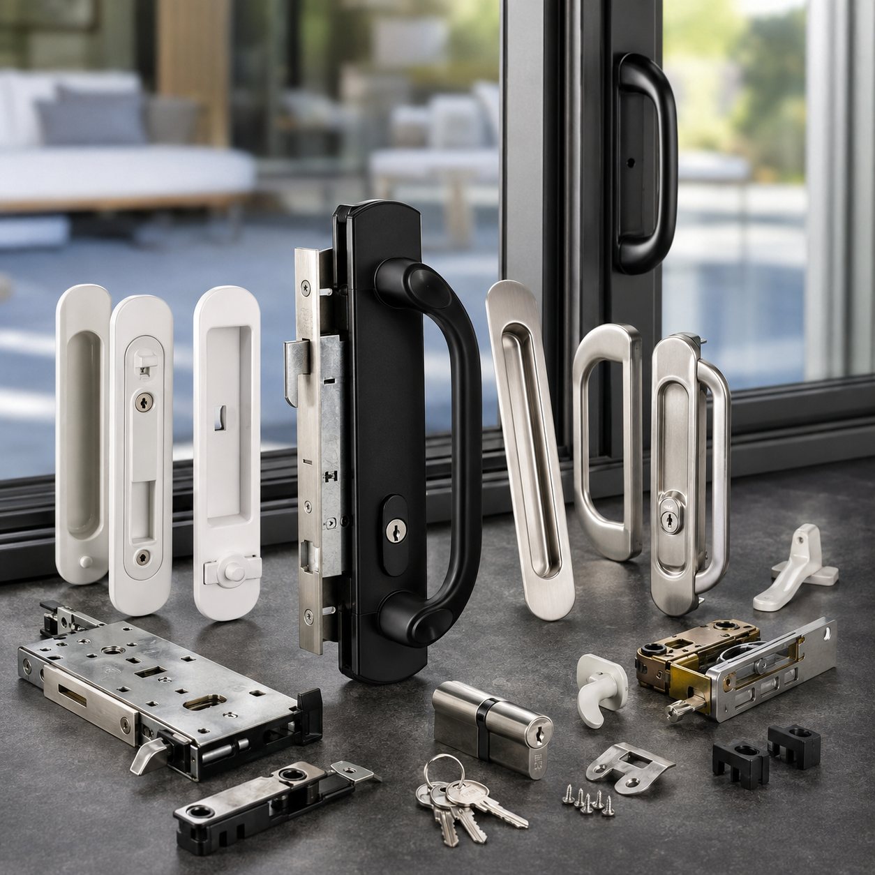 A full set of sliding door handles, mortise locks, cylinders and keys in black, white and brushed nickel