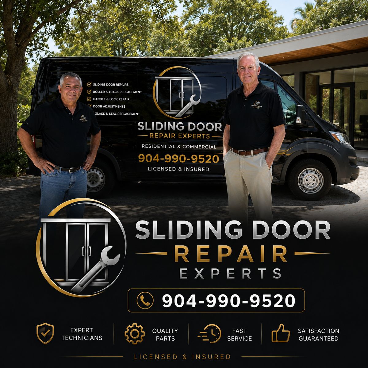 The Sliding Door Repair Experts team in front of the company service van